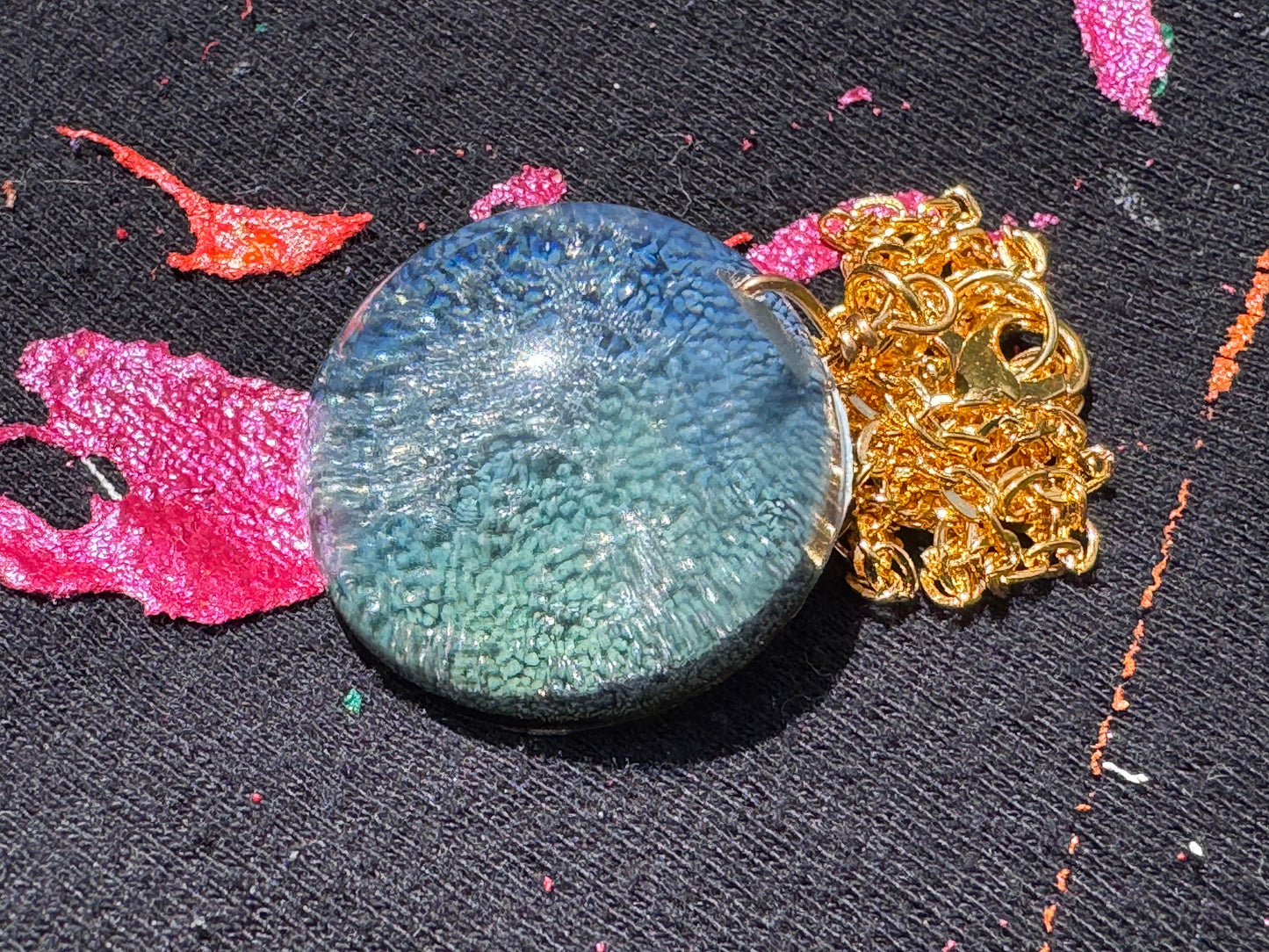 Aquamarine Petri Cat Eye Resin Clear Half Sphere Pendant with Long Gold Chain