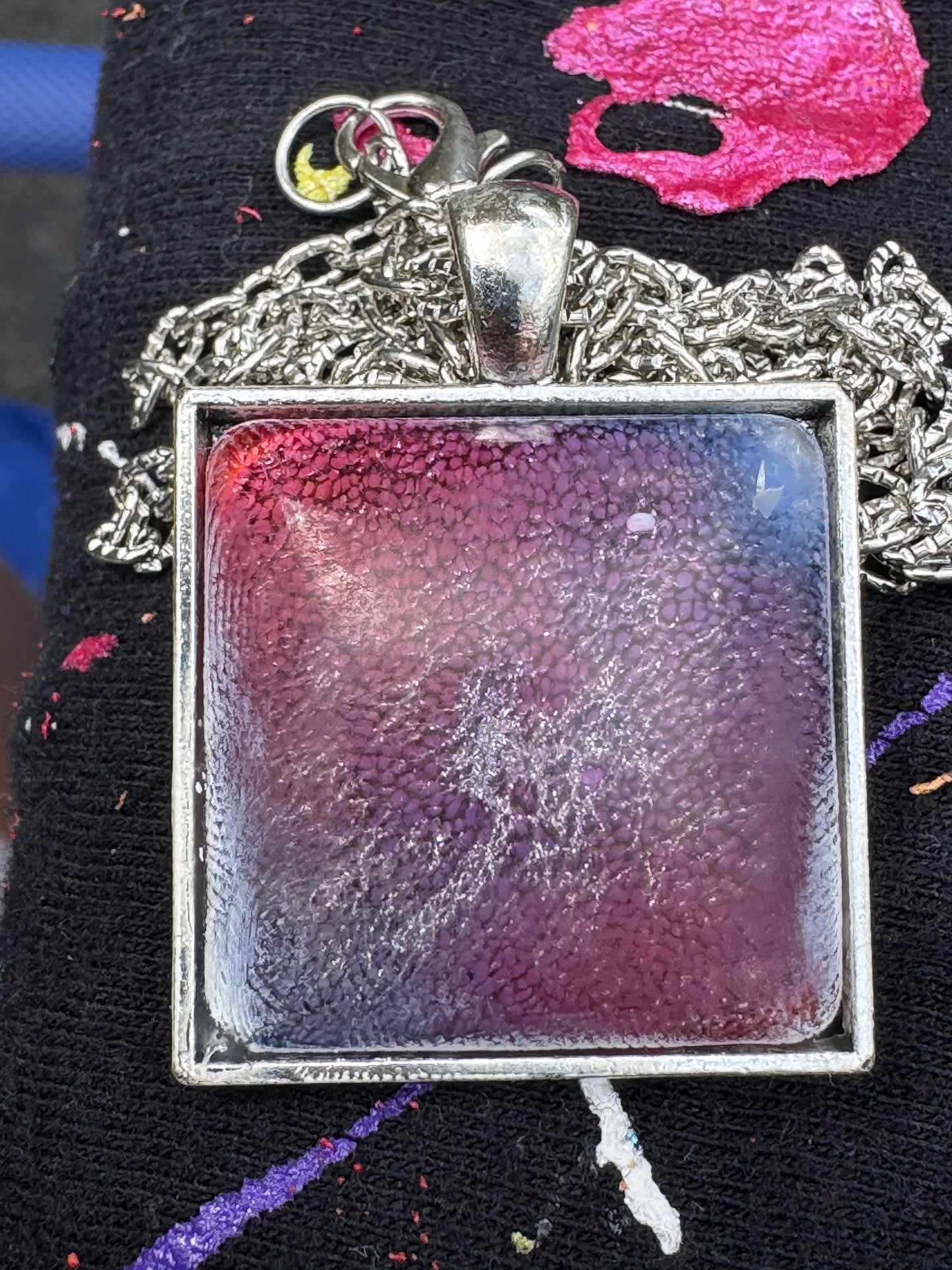 Square Blue and Purple Petri Cat Eye Resin Pendant on Silver Bezel with Long Chain