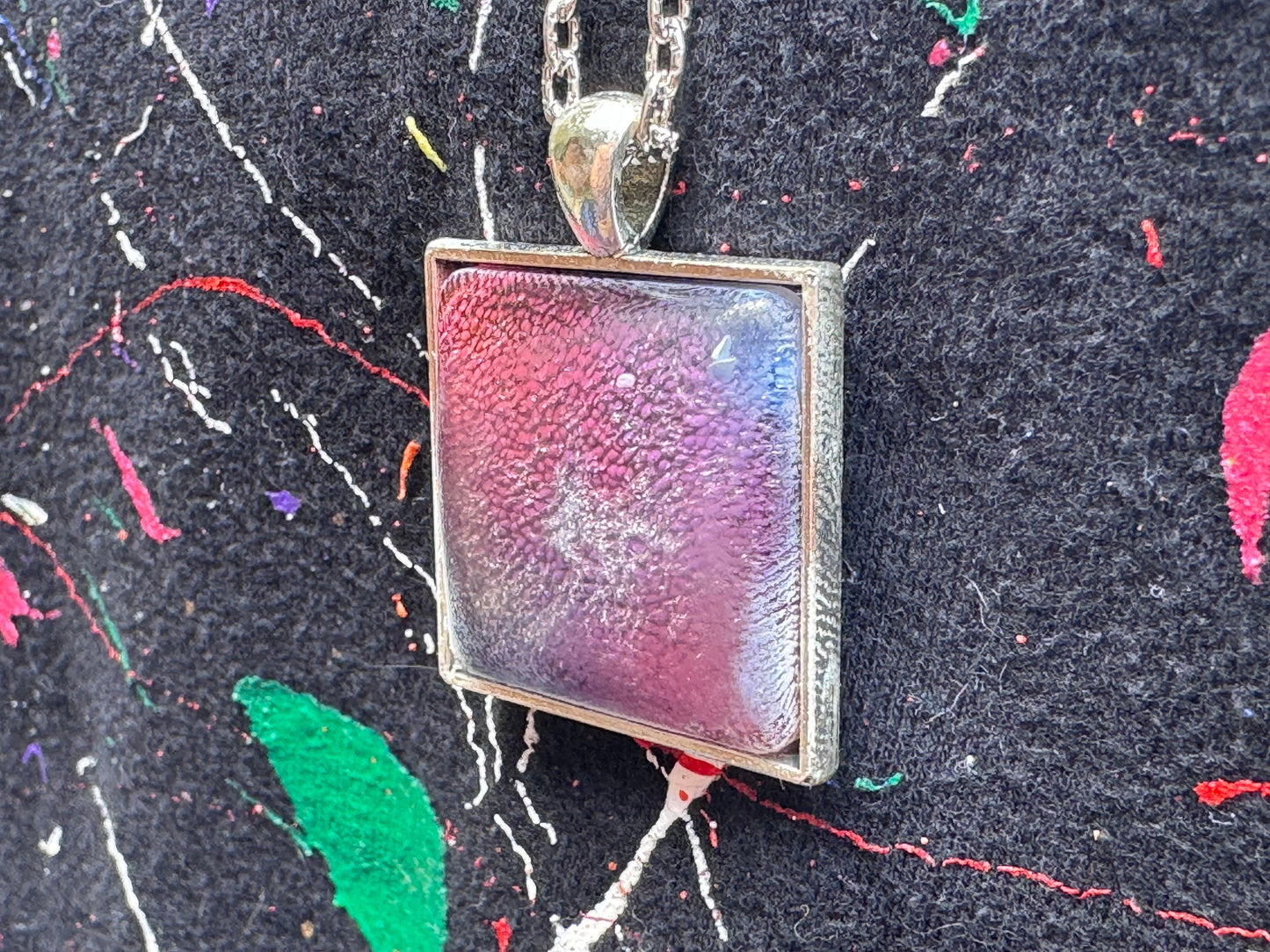 Square Blue and Purple Petri Cat Eye Resin Pendant on Silver Bezel with Long Chain