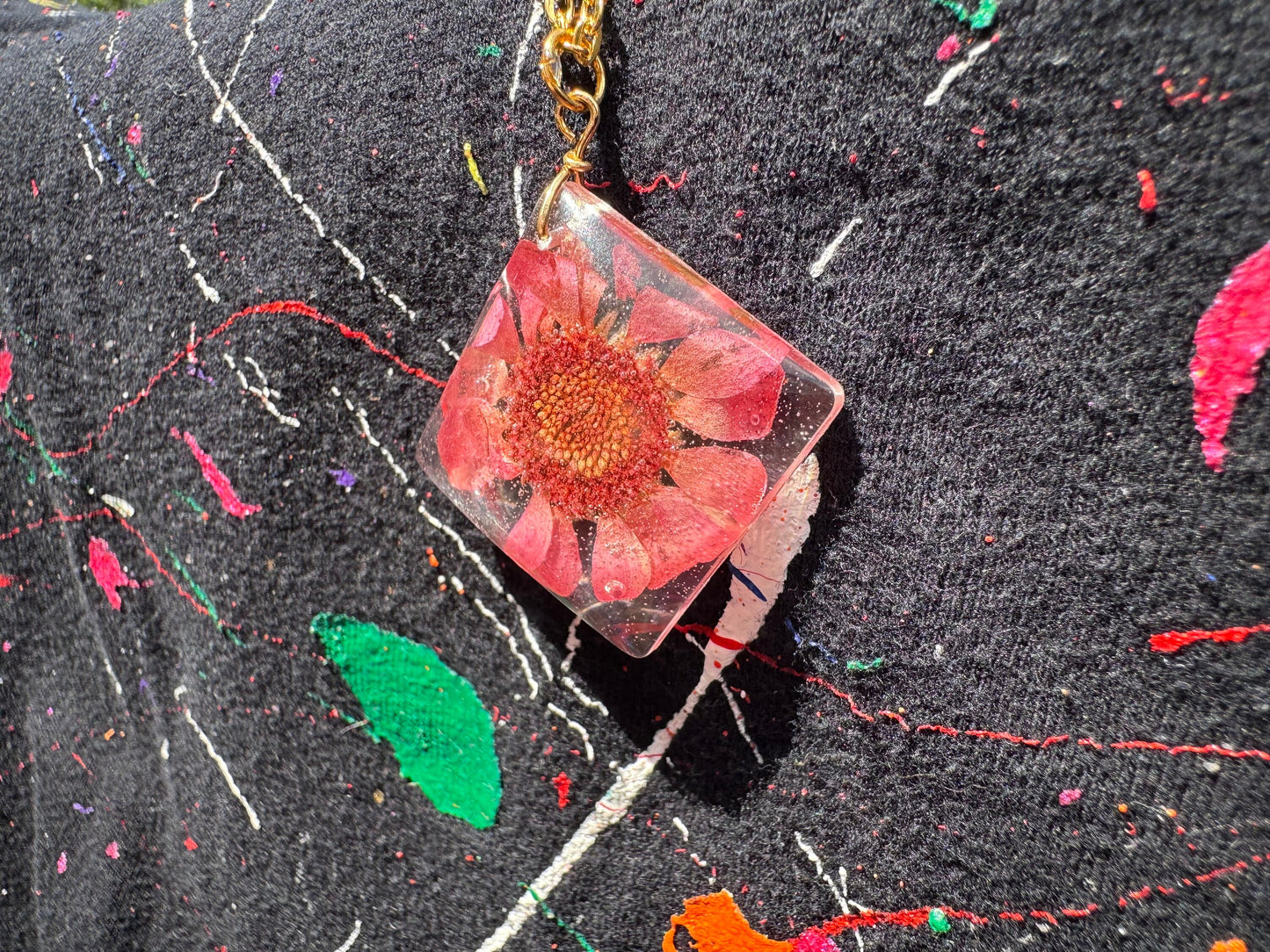 Square Red-Violet Dried Flower in Clear Pendant with Long Gold Chain