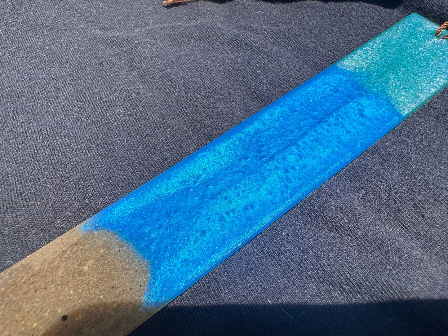 1.2 x 7.7 Ocean Real Sand Metallic Blue Teal Bookmark with Brown Tassel