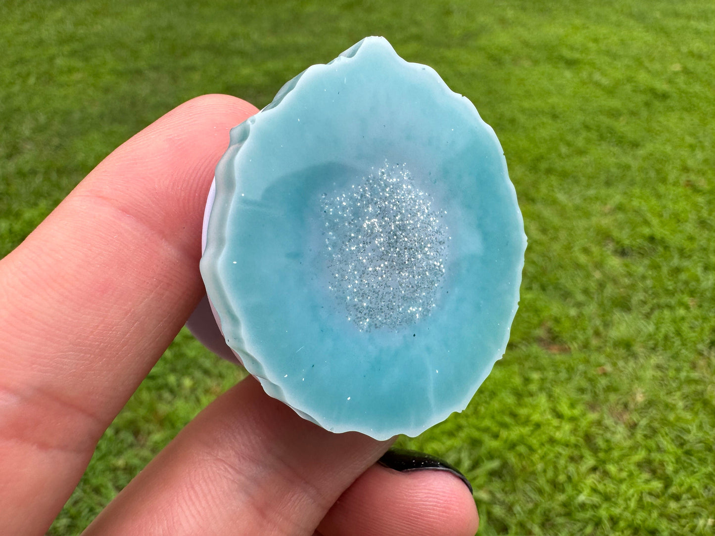 Aquamarine Geode with Silver Glitter Epoxy Resin Pop Socket