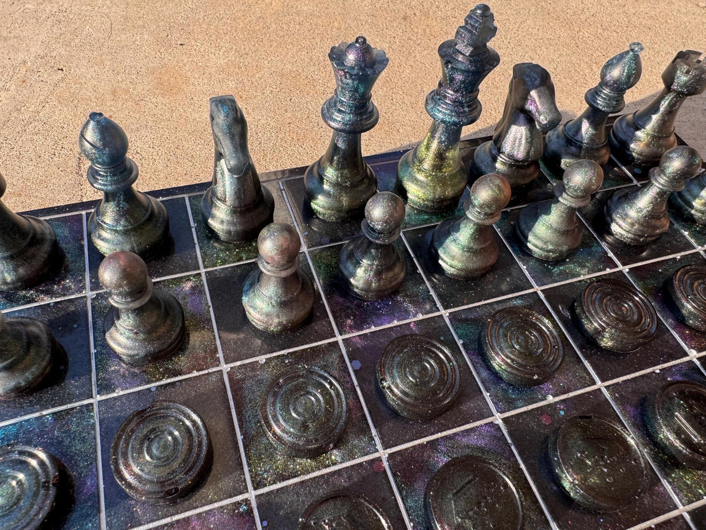 11 inch x 11 inch Space Galaxy Multichrome Epoxy Resin Chess/Checkers Board and Chess/Checkers Pieces