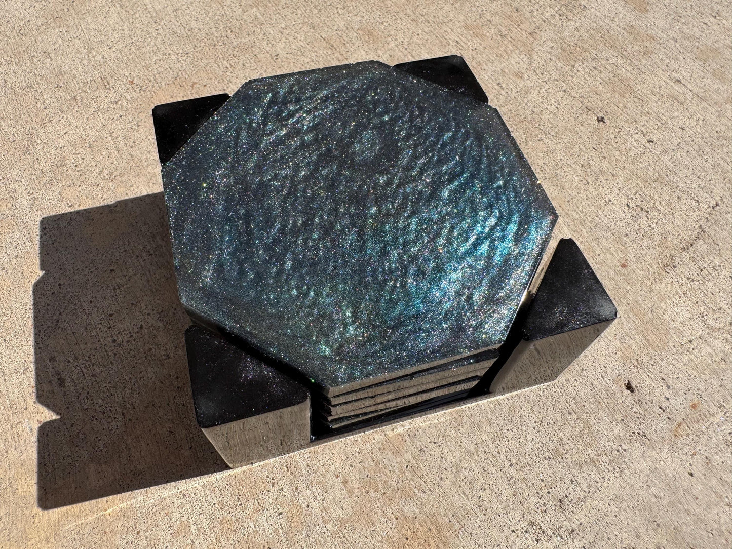 Hexagonal Teal Purple Blue Black Chameleon Flake Drink Coasters Set with Base Handmade Epoxy Resin