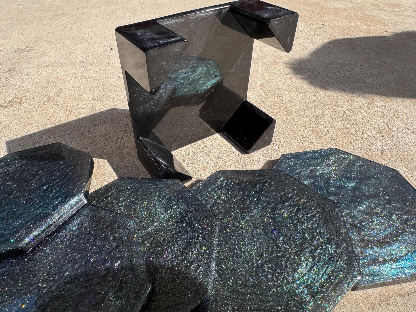 Hexagonal Teal Purple Blue Black Chameleon Flake Drink Coasters Set with Base Handmade Epoxy Resin