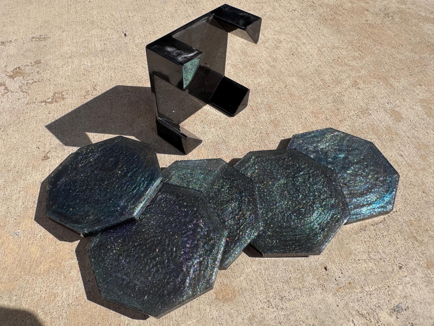 Hexagonal Teal Purple Blue Black Chameleon Flake Drink Coasters Set with Base Handmade Epoxy Resin