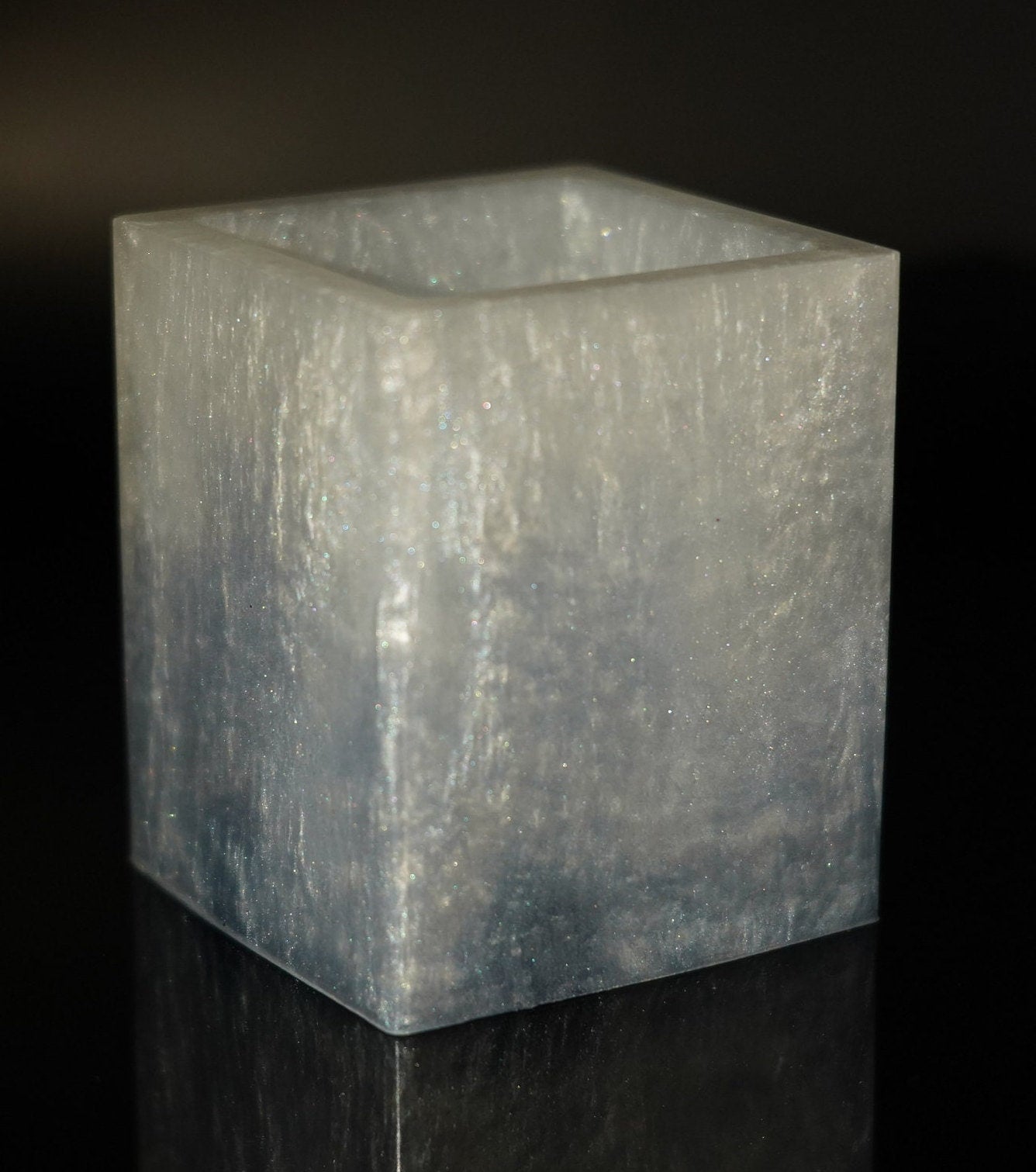 Square Brush Pen Cup Epoxy Resin Navy Blue Accents and Metallic Shimmery Frozen Icy White