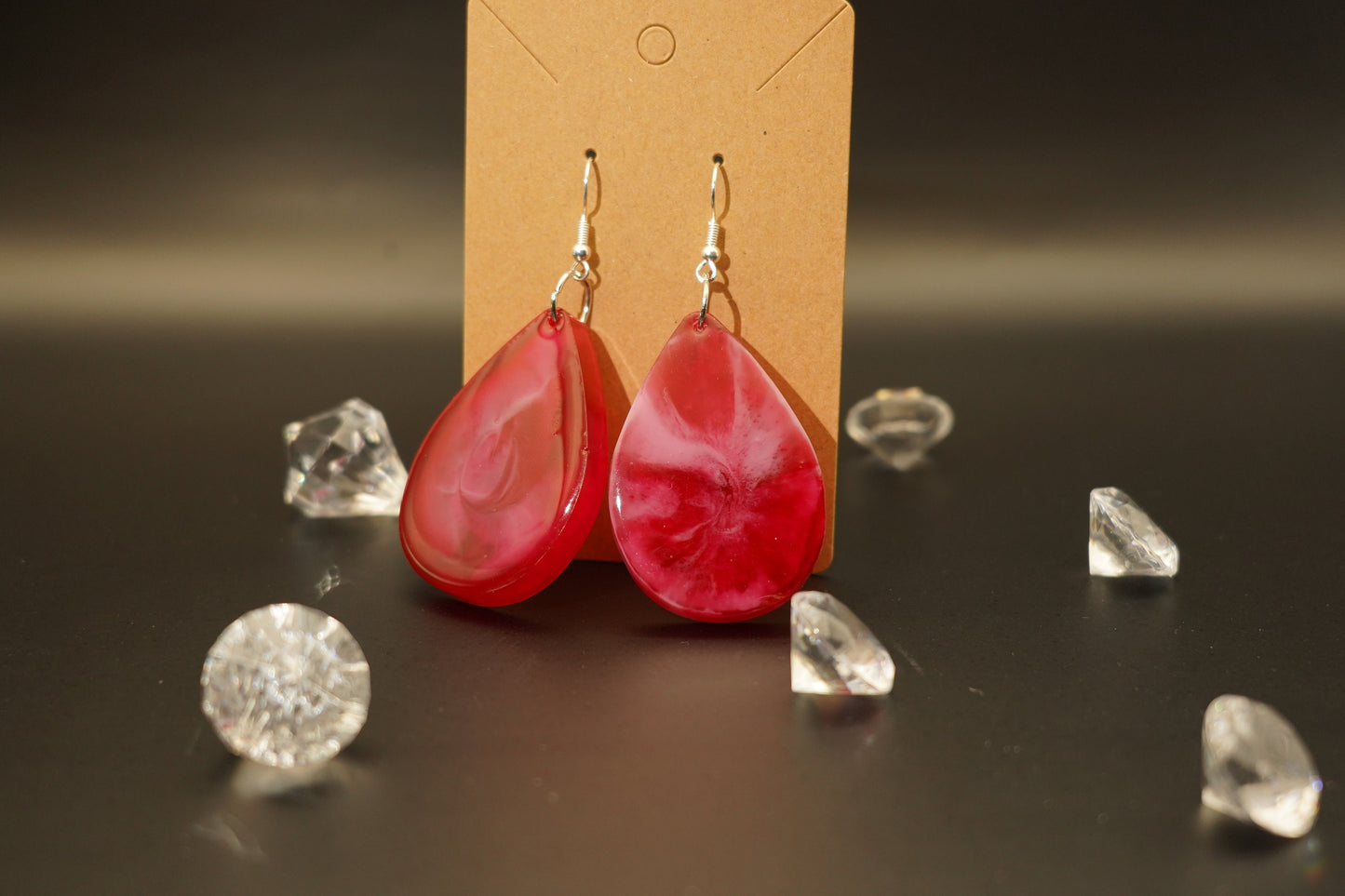 Teardrop Translucent Red and Opaque White Handmade Epoxy Resin Earrings with Silver Hooks