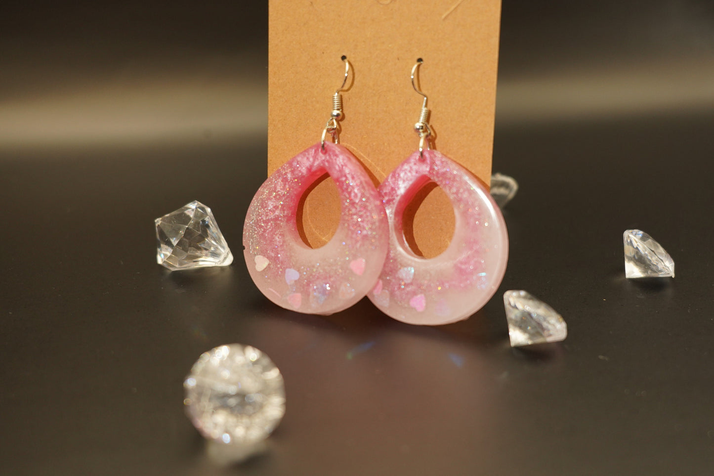 Teardrop with Negative Space Duochrome Pink Hearts and Shimmering White Handmade Epoxy Resin Earrings with Silver Hooks