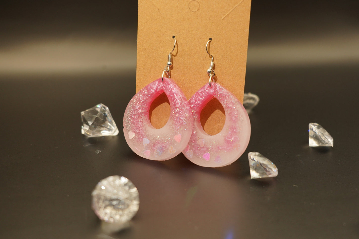 Teardrop with Negative Space Duochrome Pink Hearts and Shimmering White Handmade Epoxy Resin Earrings with Silver Hooks