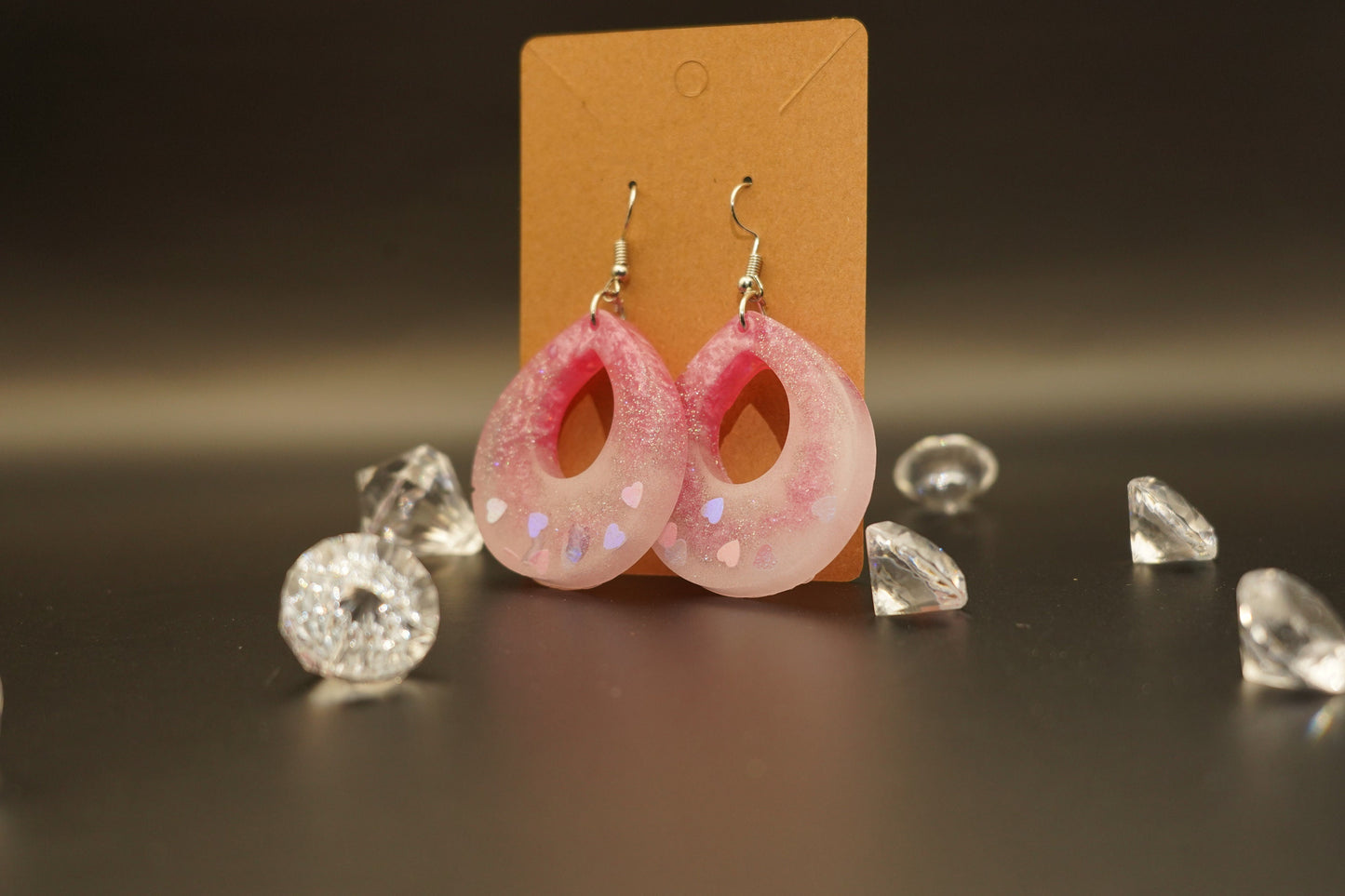 Teardrop with Negative Space Duochrome Pink Hearts and Shimmering White Handmade Epoxy Resin Earrings with Silver Hooks