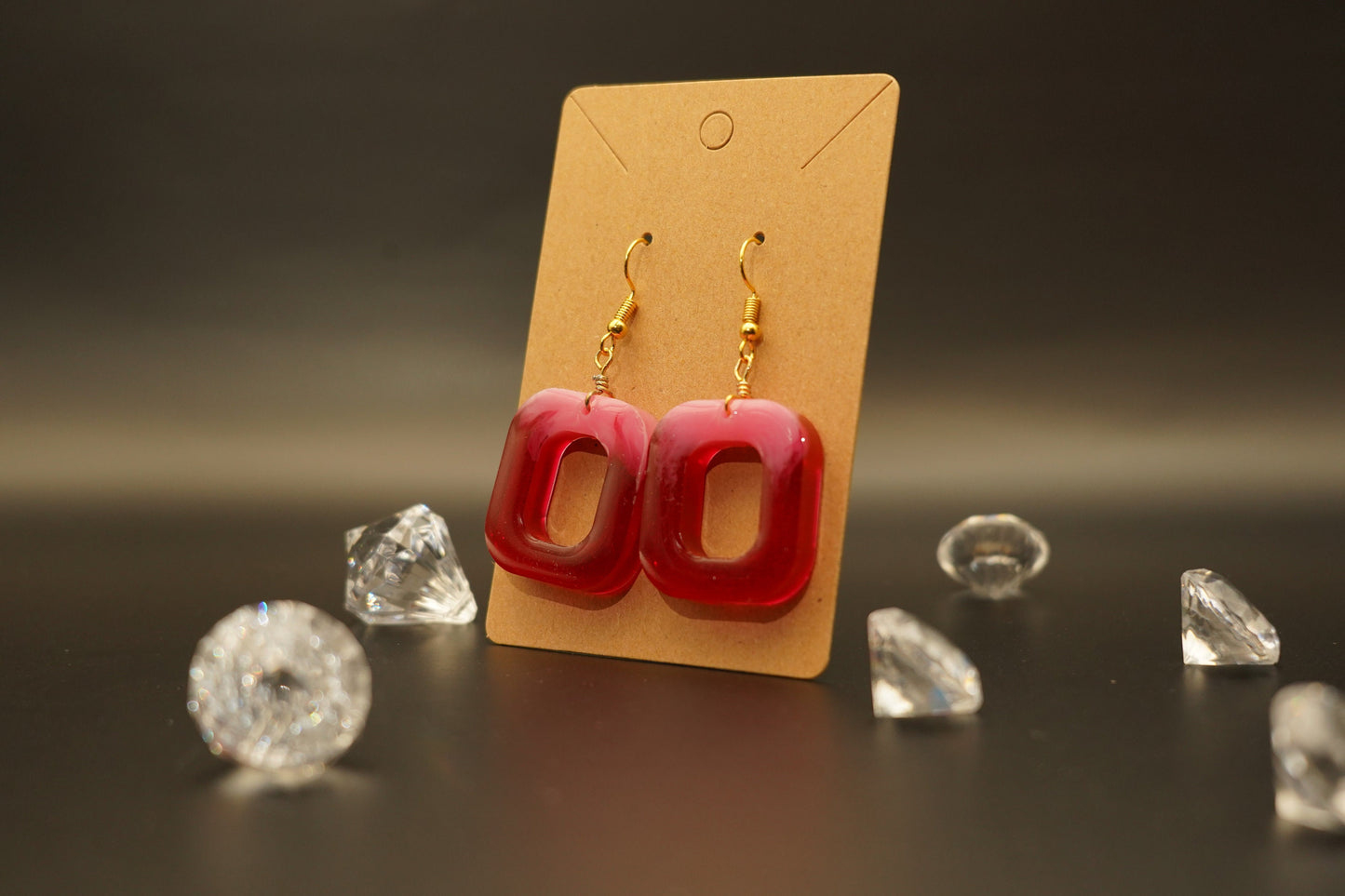 Square Translucent Red and Opaque White Handmade Epoxy Resin Earrings with Gold Hooks