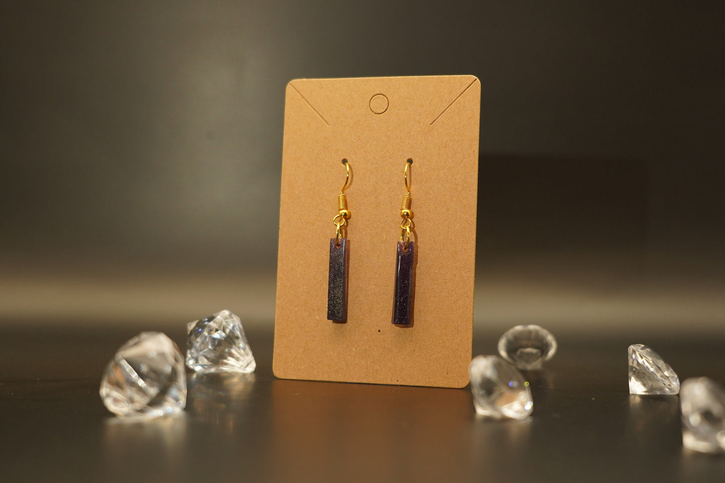 Stretched Rectangle Cat Eye Purple and Gold Handmade Epoxy Resin Earrings with Gold Hooks