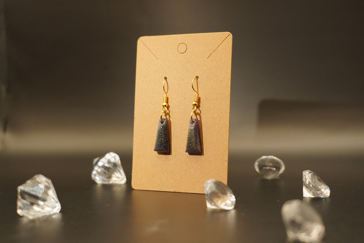 Beveled Rectangular Droplet Cat Eye Purple and Gold Handmade Epoxy Resin Earrings with Gold Hooks