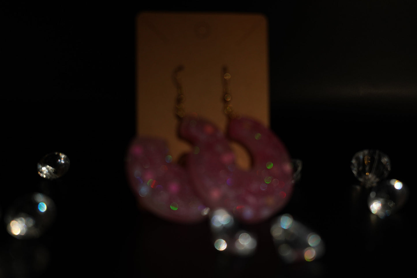 Circle with Negative Space Duochrome Metallic Shimmering Pink Hearts and White Handmade Epoxy Resin Earrings with Gold Hooks