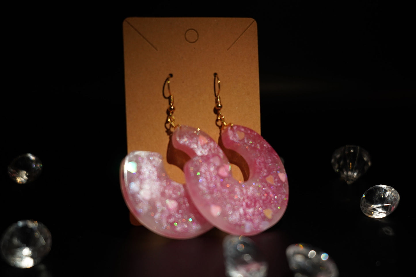 Circle with Negative Space Duochrome Metallic Shimmering Pink Hearts and White Handmade Epoxy Resin Earrings with Gold Hooks