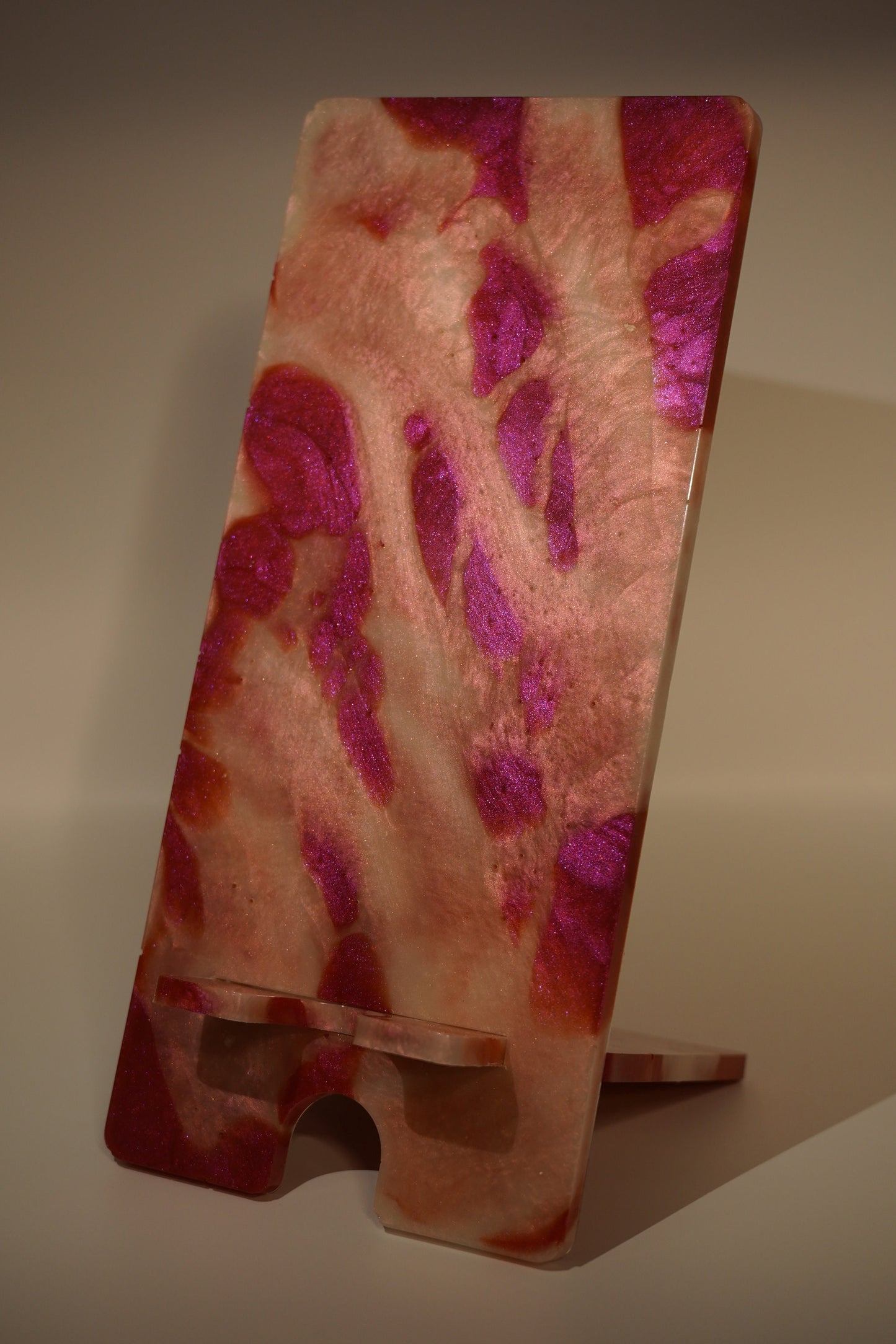 Red Pink and White Marbled Tabletop Phone Stand Epoxy Resin Duochrome