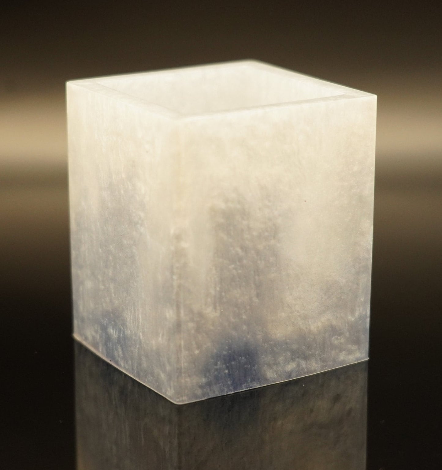 Square Brush Pen Cup Epoxy Resin Navy Blue Accents and Metallic Shimmery Frozen Icy White