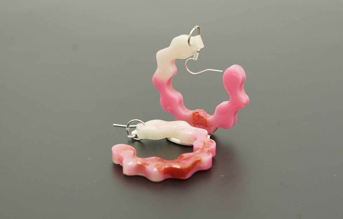 Squiggly Circle Red Pink Chameleon Flake Shimmering White Handmade Epoxy Resin Earrings with Silver Hooks