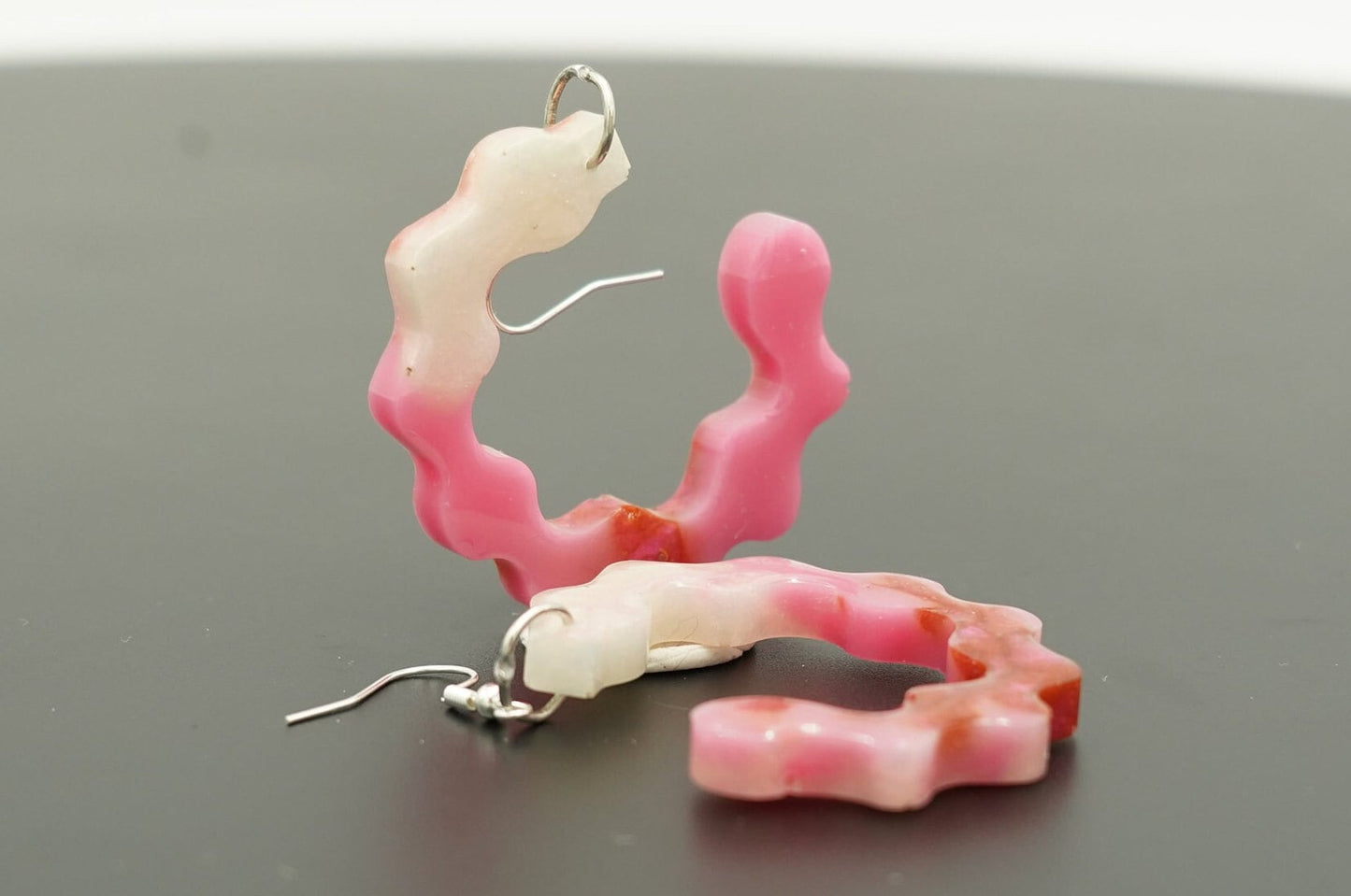 Squiggly Circle Red Pink Chameleon Flake Shimmering White Handmade Epoxy Resin Earrings with Silver Hooks