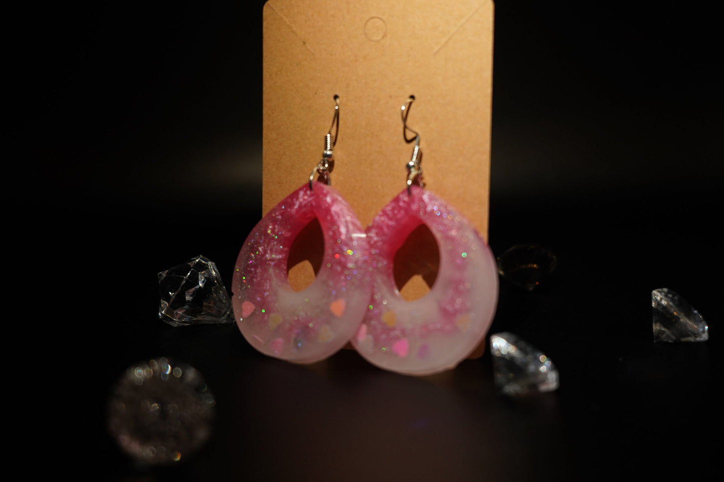 Teardrop with Negative Space Duochrome Pink Hearts and Shimmering White Handmade Epoxy Resin Earrings with Silver Hooks