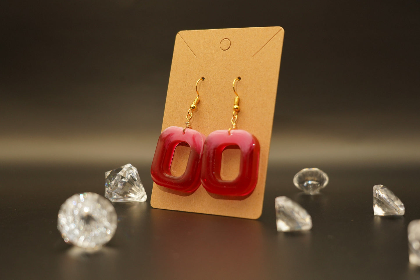 Square Translucent Red and Opaque White Handmade Epoxy Resin Earrings with Gold Hooks