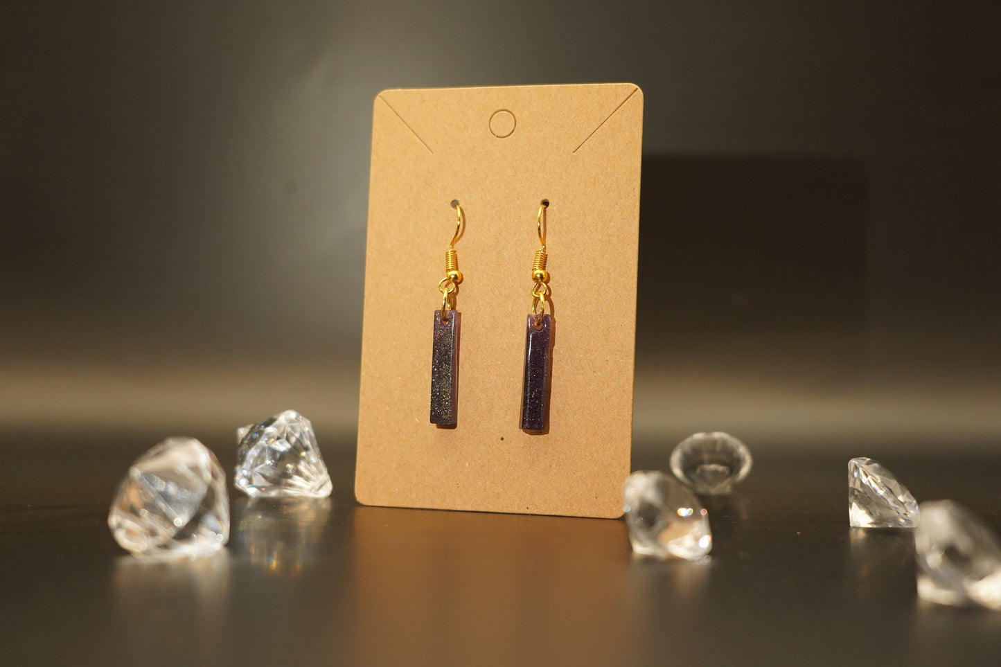 Stretched Rectangle Cat Eye Purple and Gold Handmade Epoxy Resin Earrings with Gold Hooks