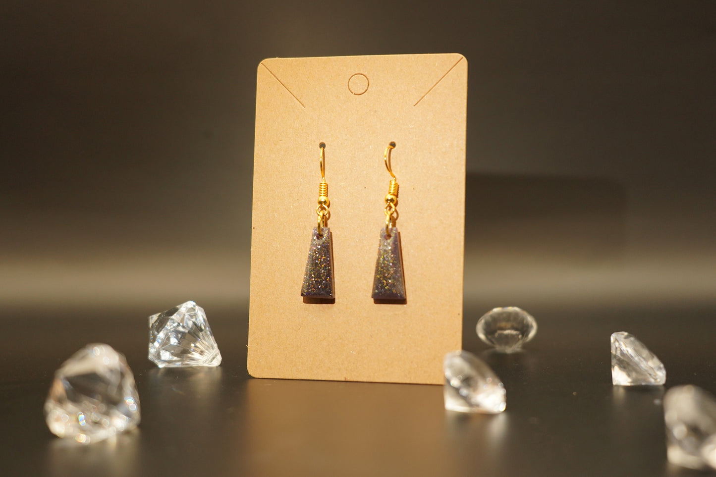 Beveled Rectangular Droplet Cat Eye Purple and Gold Handmade Epoxy Resin Earrings with Gold Hooks