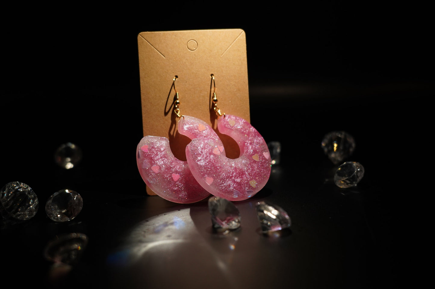 Circle with Negative Space Duochrome Metallic Shimmering Pink Hearts and White Handmade Epoxy Resin Earrings with Gold Hooks