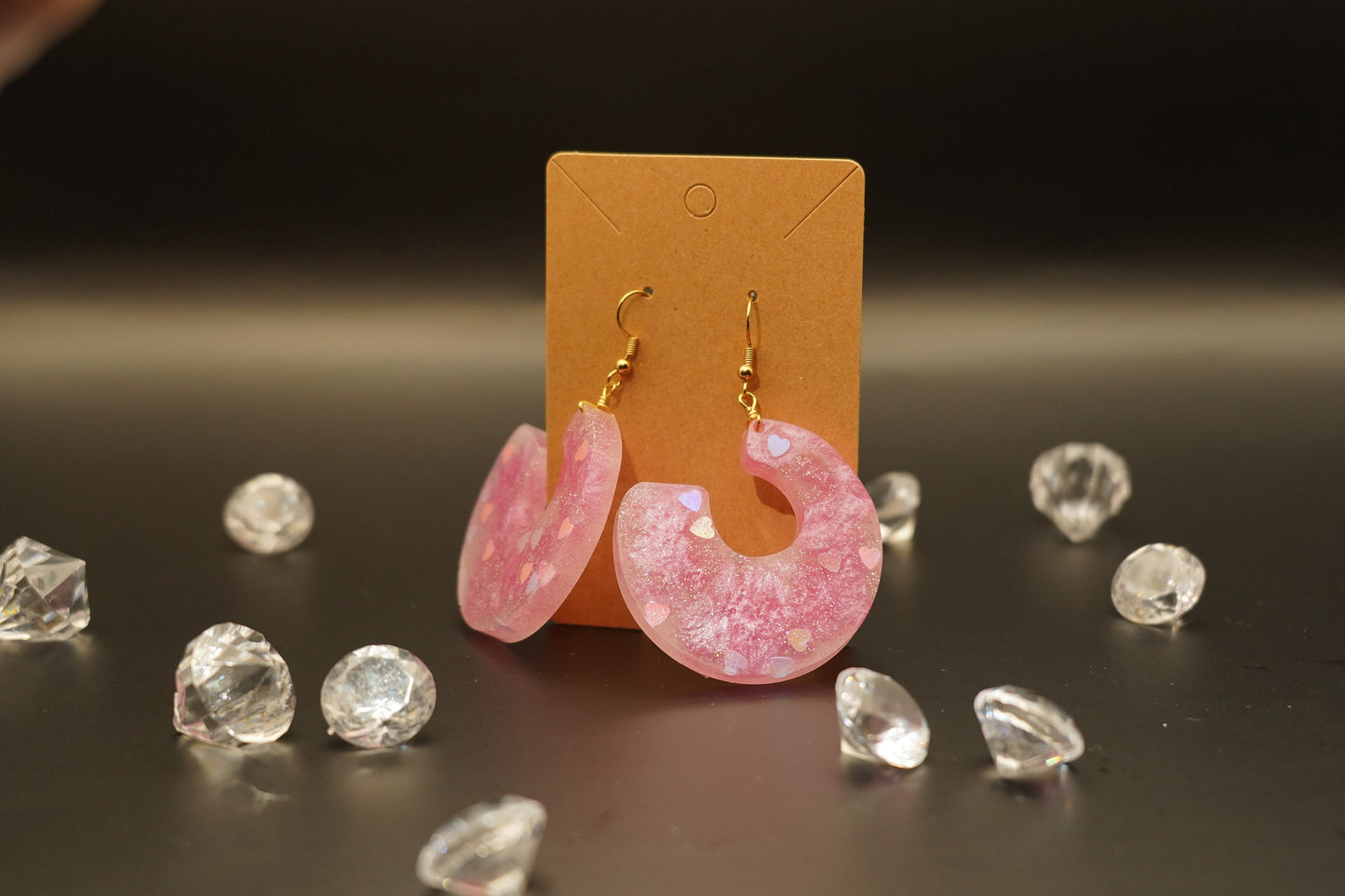 Circle with Negative Space Duochrome Metallic Shimmering Pink Hearts and White Handmade Epoxy Resin Earrings with Gold Hooks