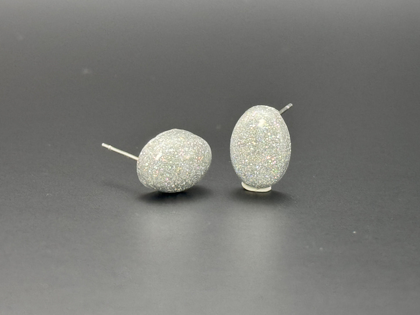 Small Silver Holographic Glitter Oval Stud Epoxy Resin Earrings with Silver Studs