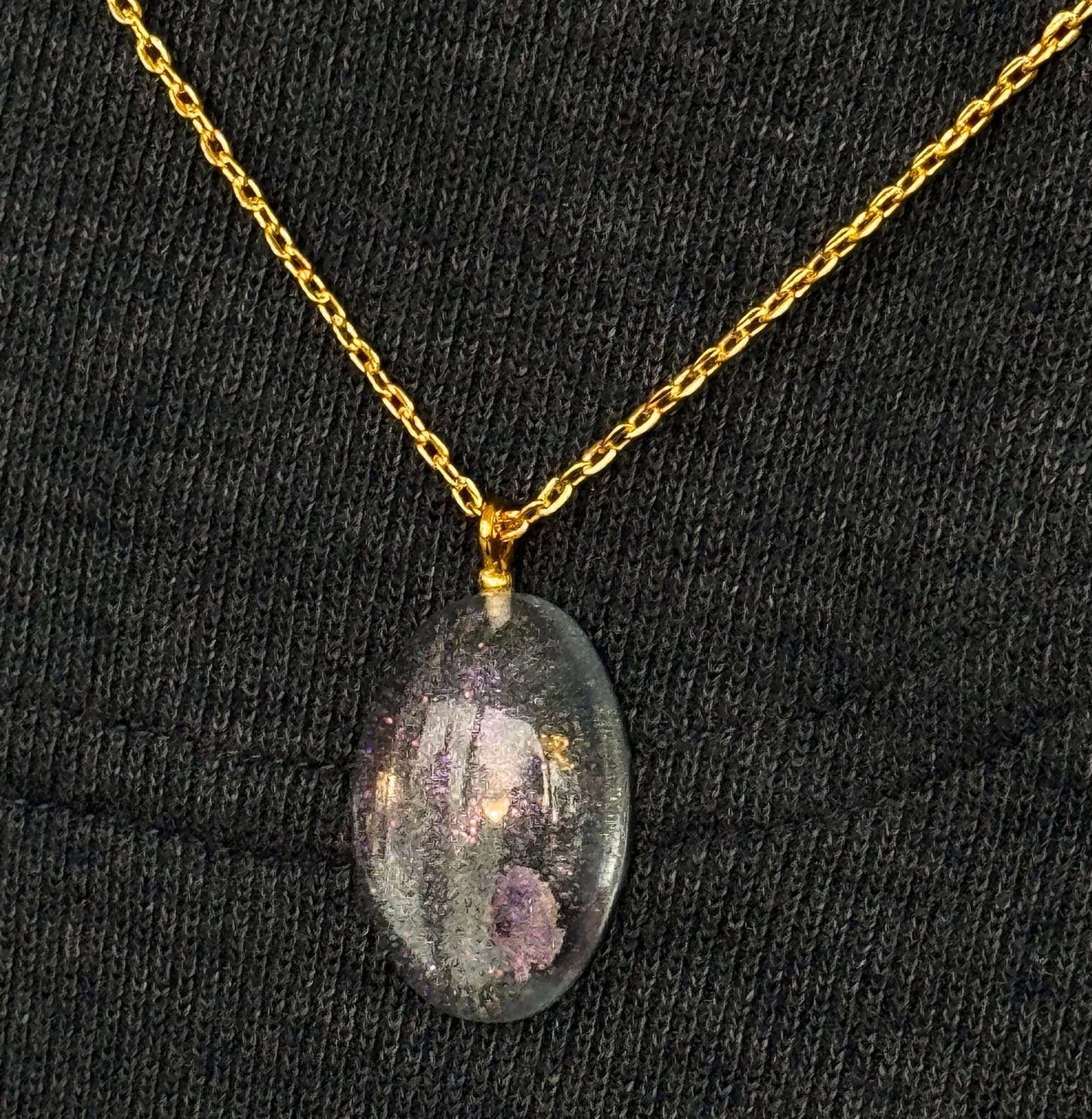 Clear Dried Purple Flowers with Gold Leaf Half Oval Epoxy Resin Long Gold Chain Pendant