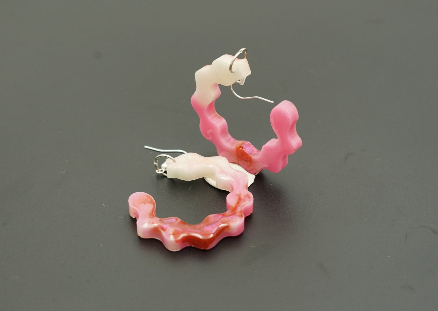 Squiggly Circle Red Pink Chameleon Flake Shimmering White Handmade Epoxy Resin Earrings with Silver Hooks