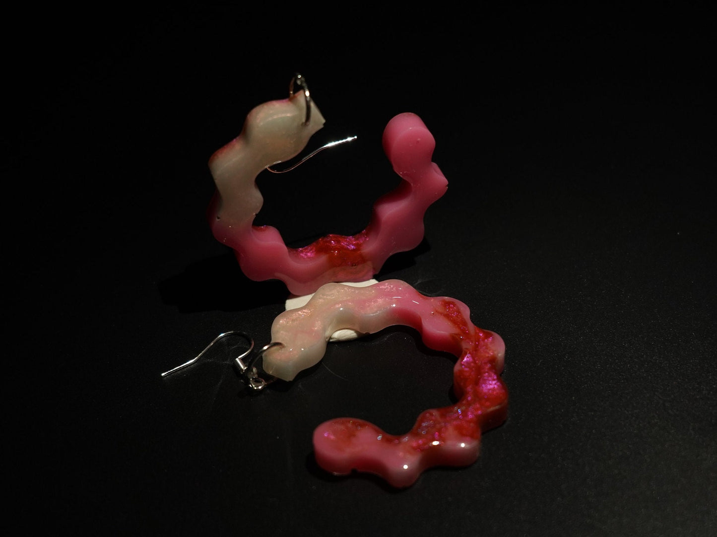 Squiggly Circle Red Pink Chameleon Flake Shimmering White Handmade Epoxy Resin Earrings with Silver Hooks