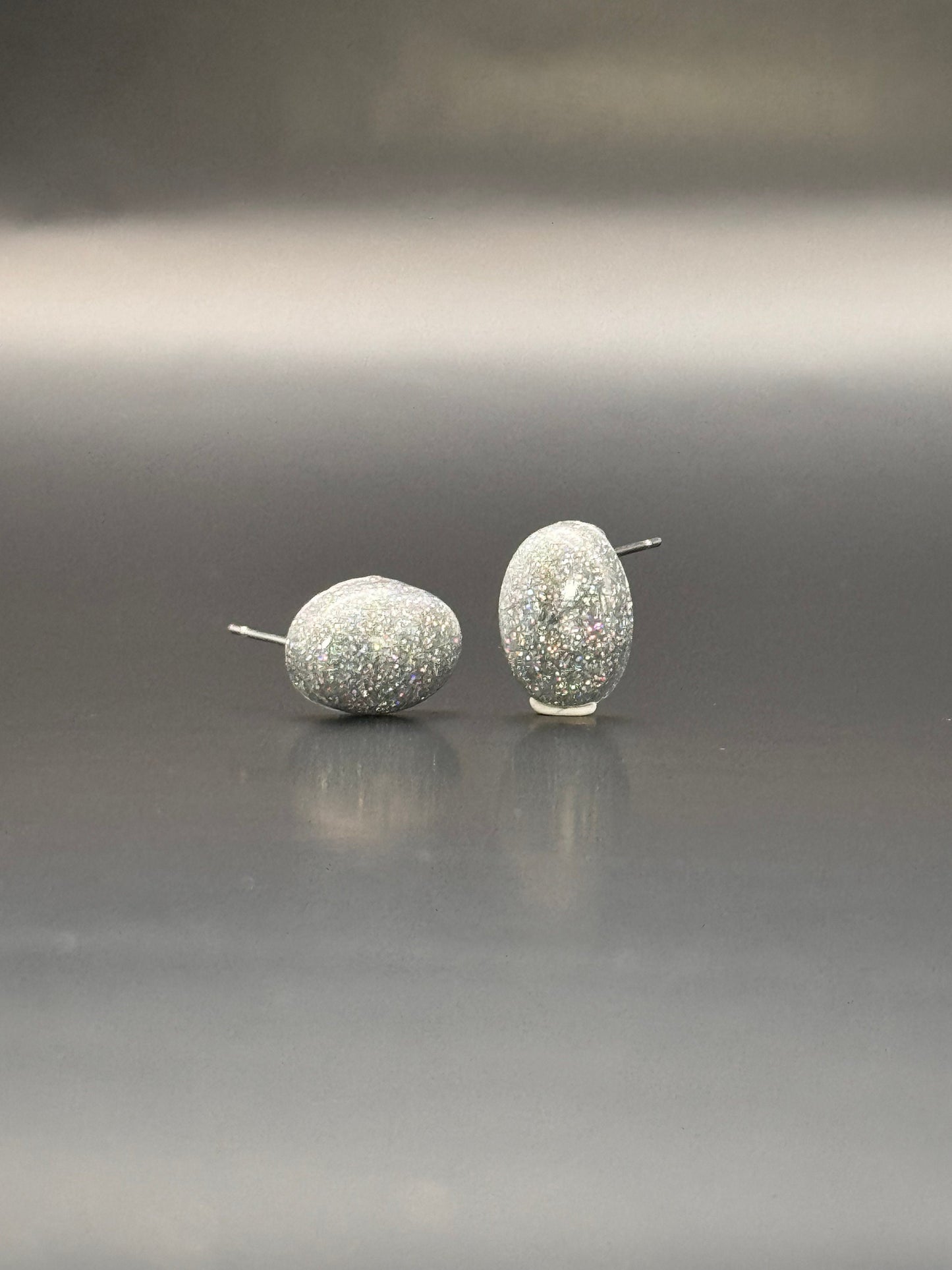 Small Silver Holographic Glitter Oval Stud Epoxy Resin Earrings with Silver Studs