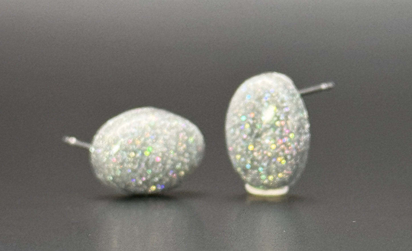 Small Silver Holographic Glitter Oval Stud Epoxy Resin Earrings with Silver Studs