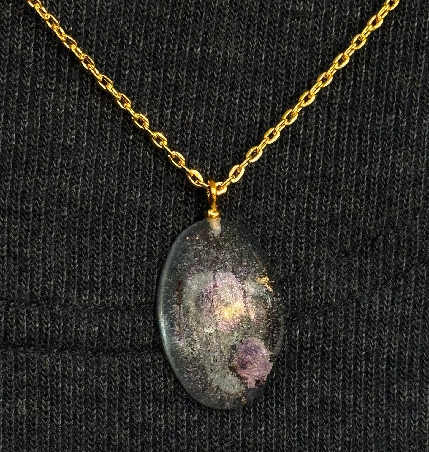 Clear Dried Purple Flowers with Gold Leaf Half Oval Epoxy Resin Long Gold Chain Pendant