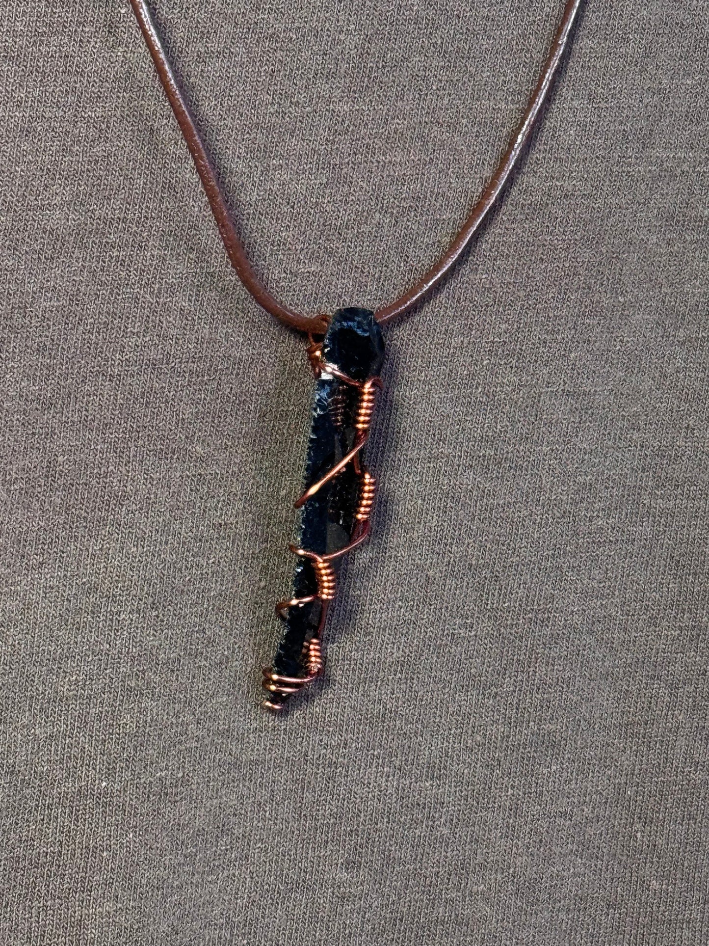 Black Smoky Quartz Copper Wire Wrapped Double Knot Leather Rope Necklace