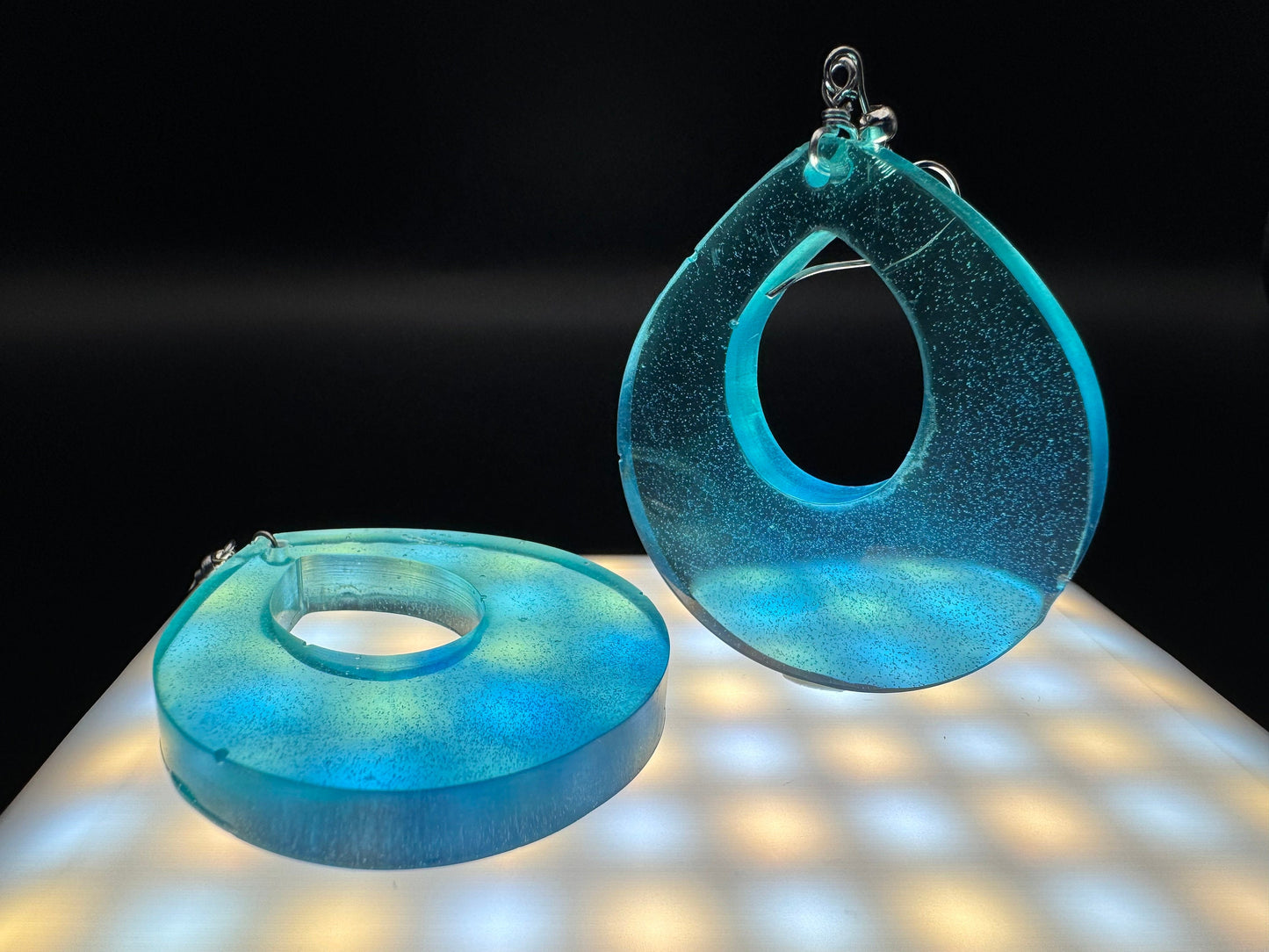 Teardrop with Negative Space Translucent Ocean Waves Blue Teal Real Sand Handmade Epoxy Resin Earrings with Silver Hooks