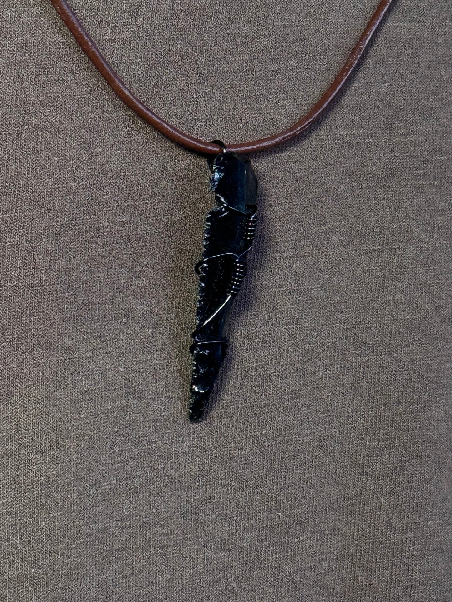 Black Smoky Quartz Black Wire Wrapped Double Knot Leather Rope Necklace