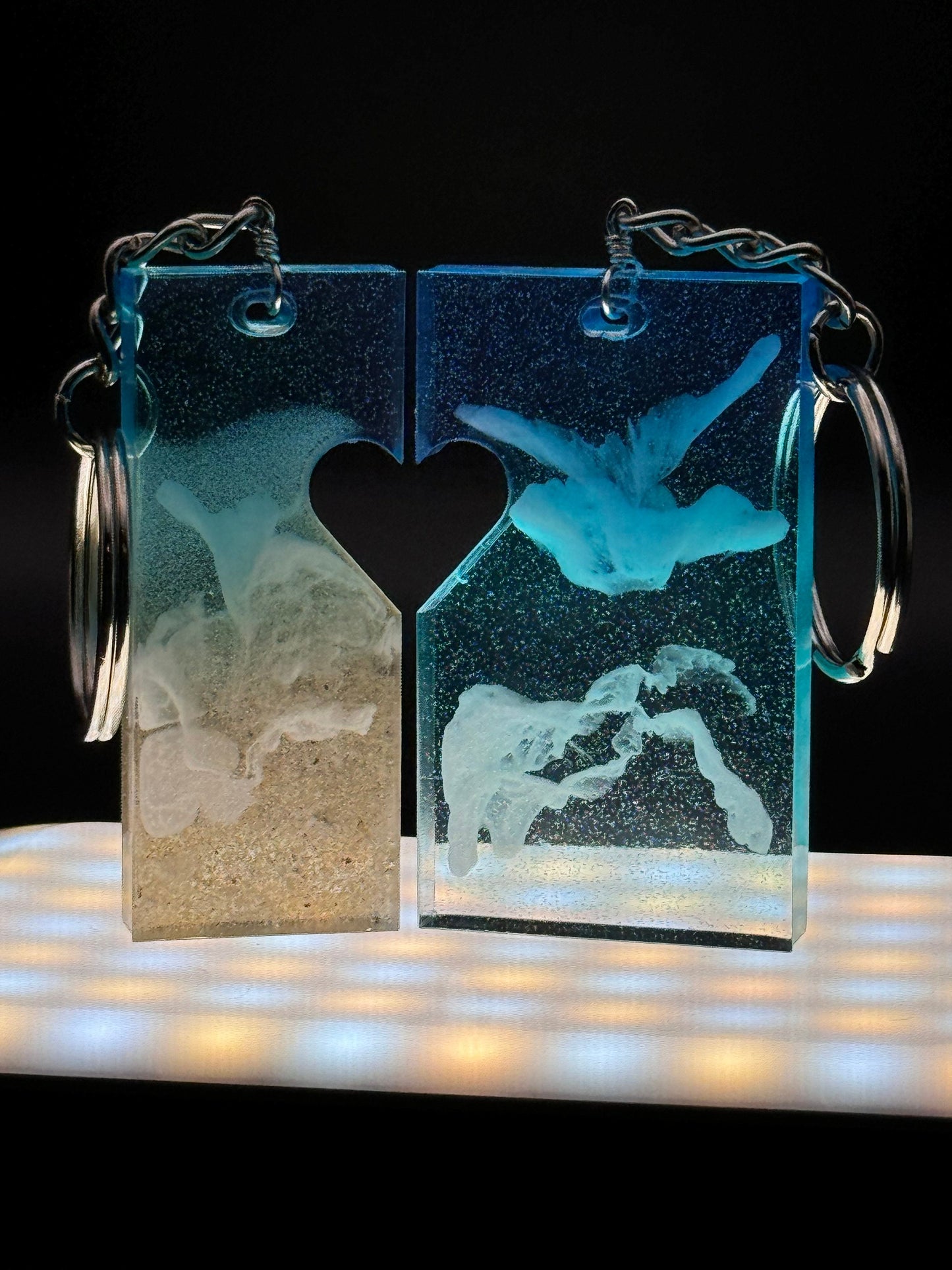 Ocean Blue Teal White Waves 2 Piece Rectangle Heart Charm with Real Sand Keychain Epoxy Resin