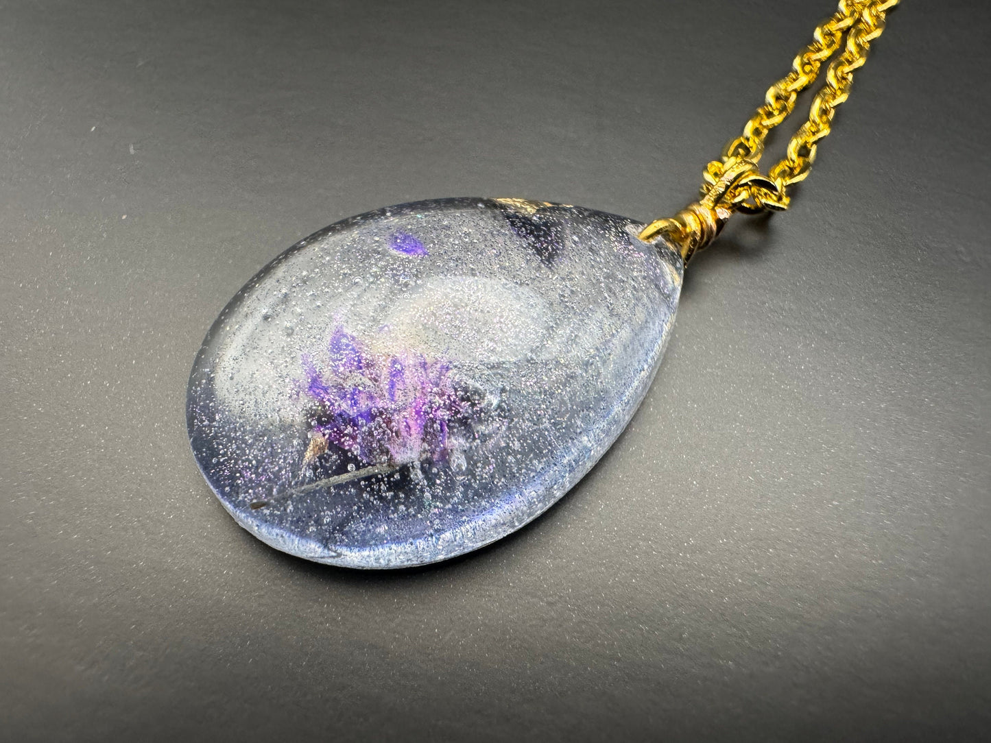 Clear Dried Purple Flowers with Gold Leaf Teardrop Epoxy Resin Long Gold Chain Pendant