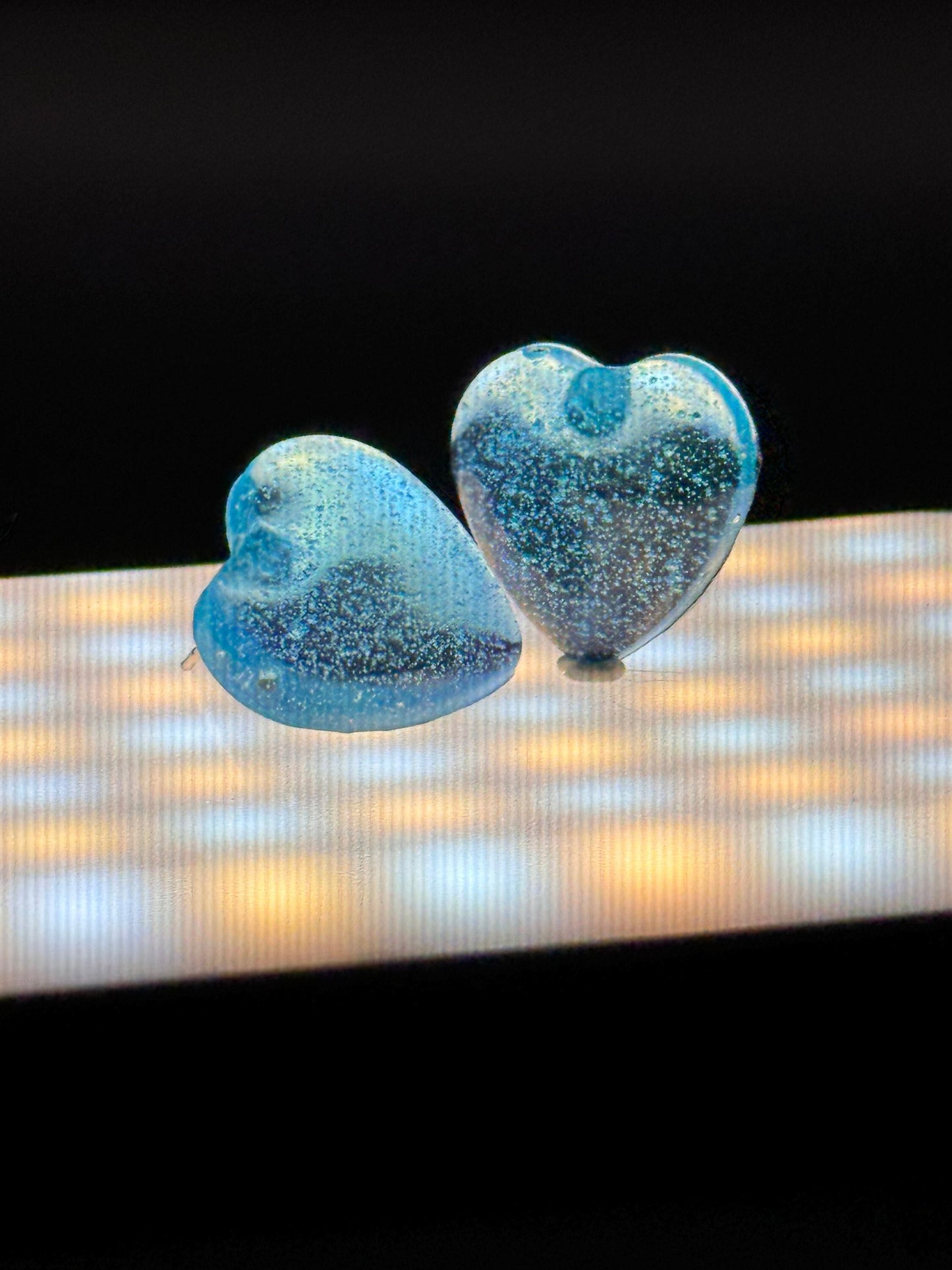 Small Translucent Ocean Blue Heart Stud Epoxy Resin Earrings with Silver Studs