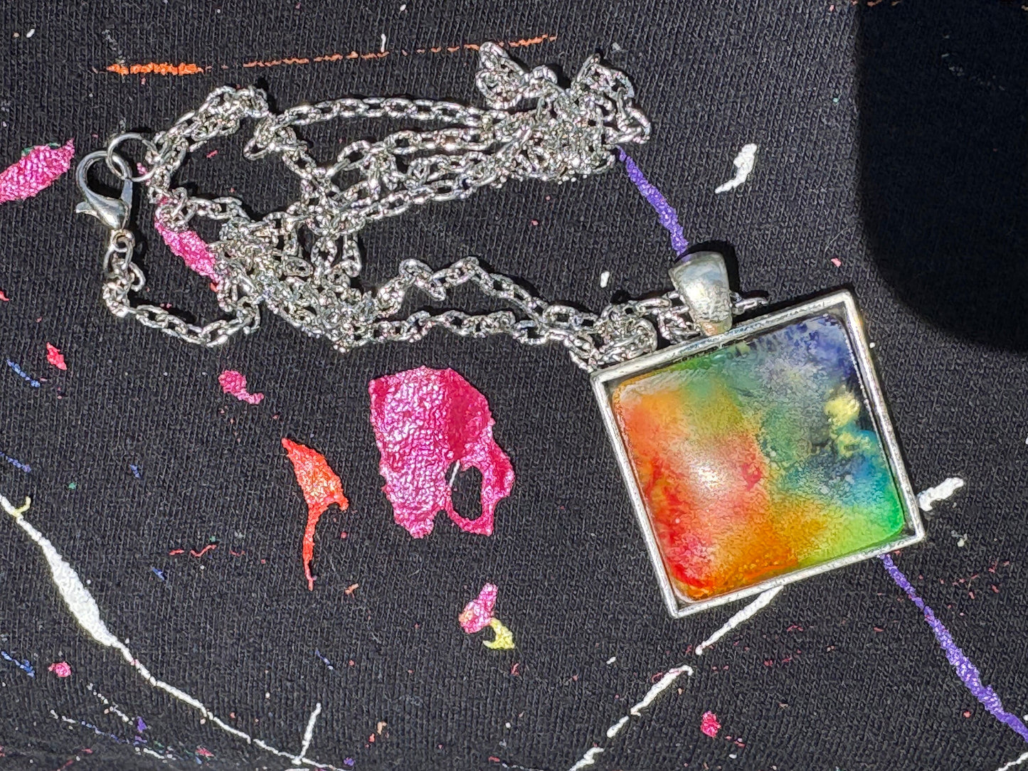 Square Rainbow Pride Petri Style Resin Pendant on Silver Bezel with Long Chain
