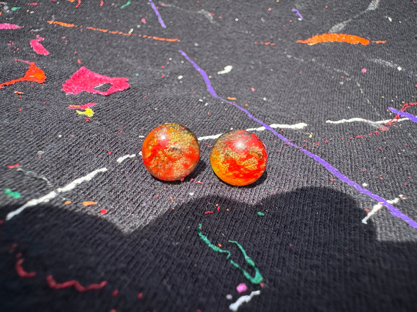 Mini 1 cm Red and Yellow Petri Style Half Sphere Stud Epoxy Resin Earrings with Gold Studs