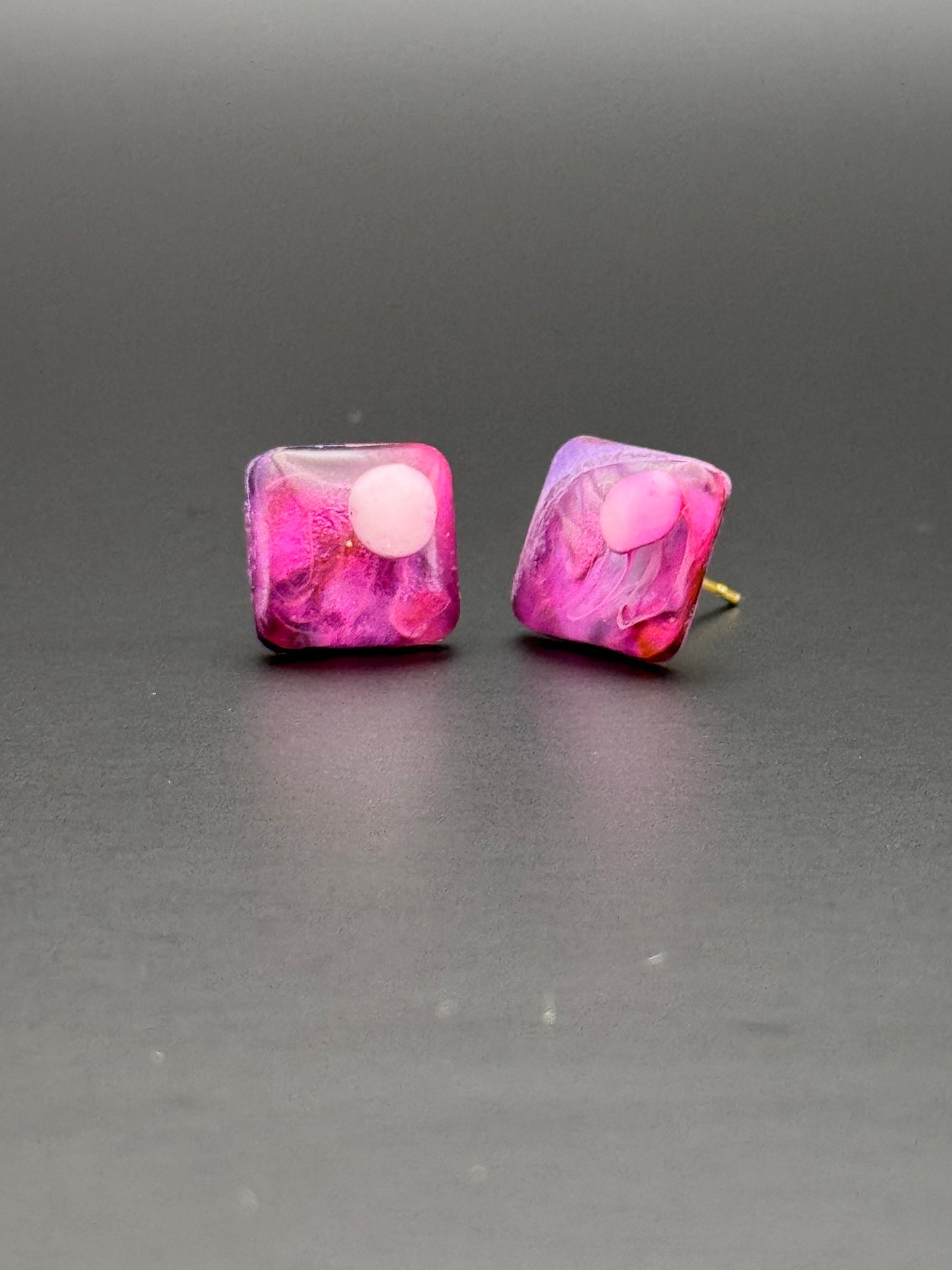 Small Pink White Spot Purple Rounded Square Petri Dish Stud Epoxy Resin Earrings with Gold Studs