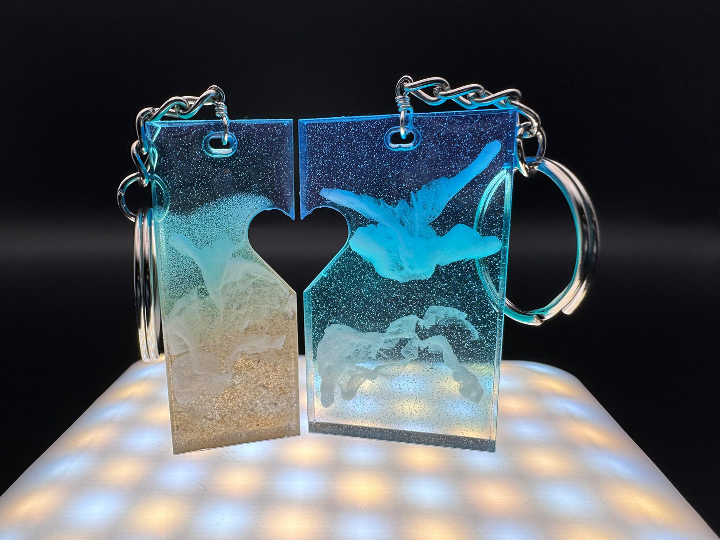 Ocean Blue Teal White Waves 2 Piece Rectangle Heart Charm with Real Sand Keychain Epoxy Resin