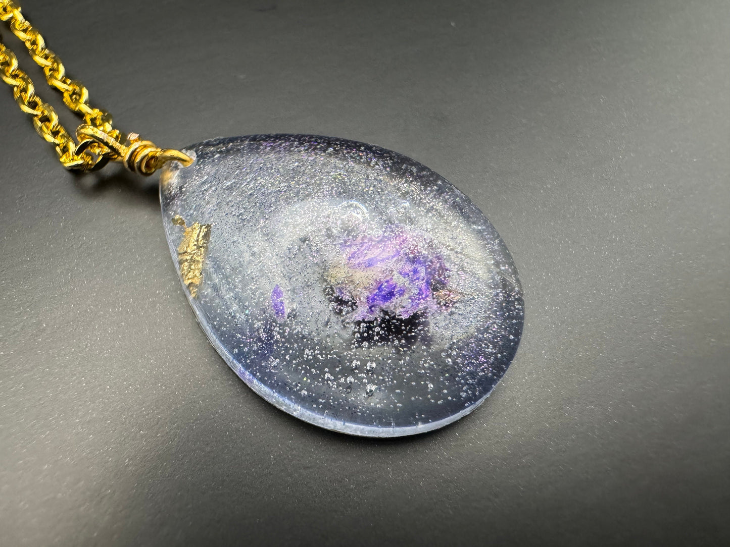 Clear Dried Purple Flowers with Gold Leaf Teardrop Epoxy Resin Long Gold Chain Pendant