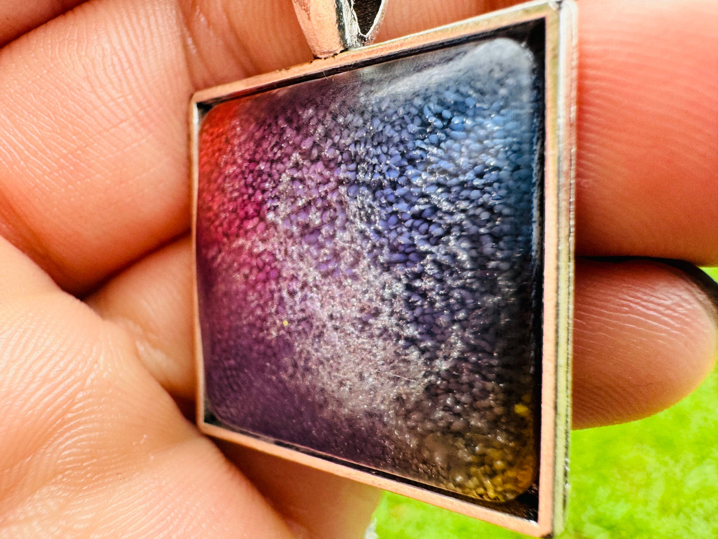 Square Blue and Purple Petri Cat Eye Resin Pendant on Silver Bezel with Long Silver Chain and Bezel