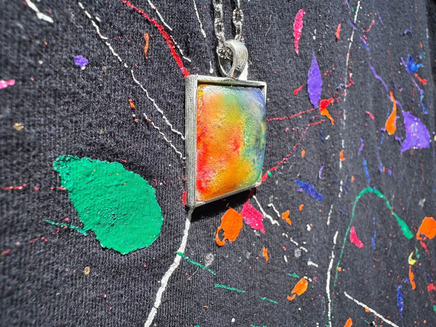Square Rainbow Pride Petri Style Resin Pendant on Silver Bezel with Long Chain